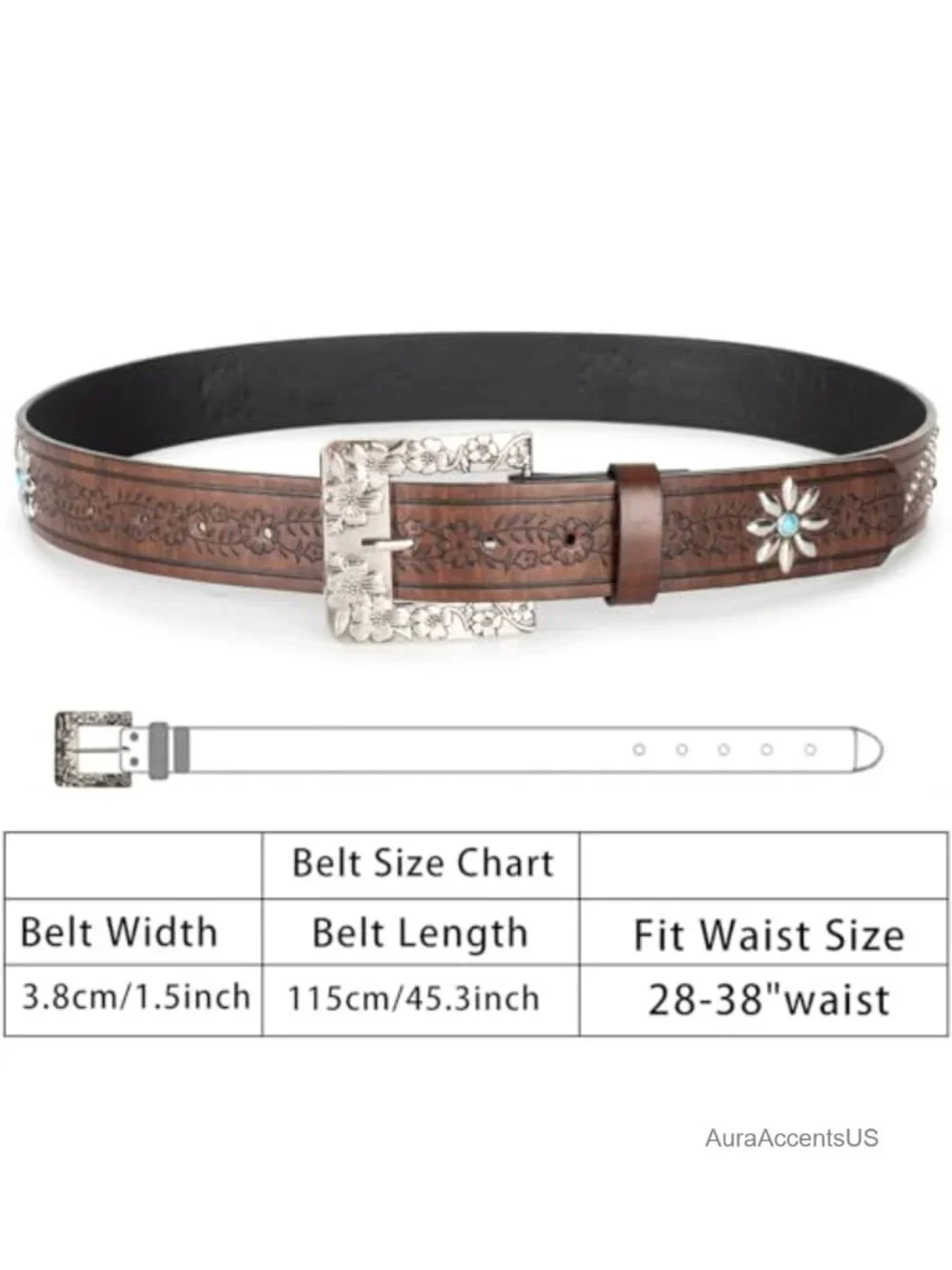 Women Western Belt Embossed Floral PU Leather Rhinestone Buckle Cowgirl Belt